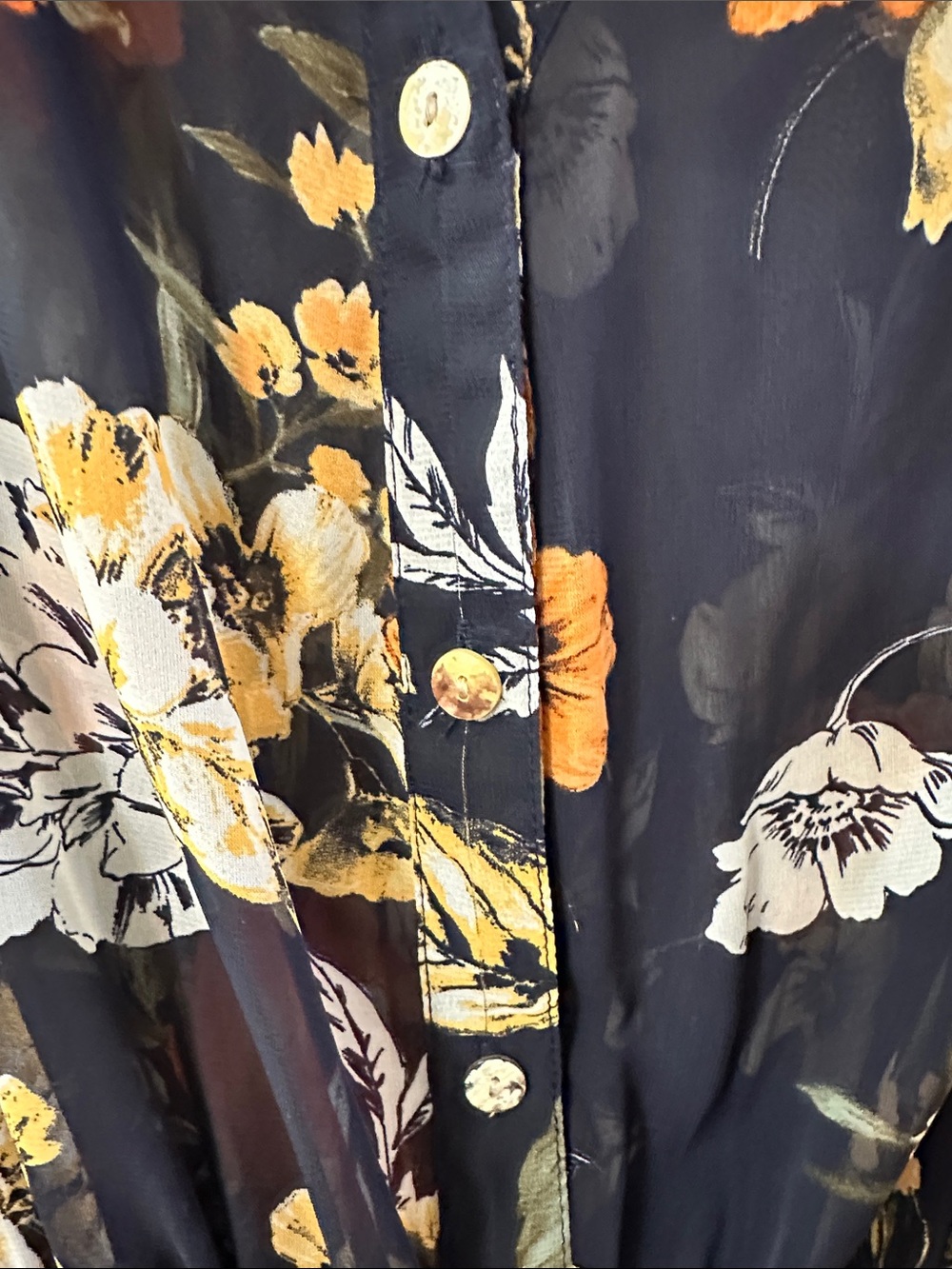 Women's navy Floral Button-Front Tiered Maxi Dress with Orange Blooms - Picture 3 of 4